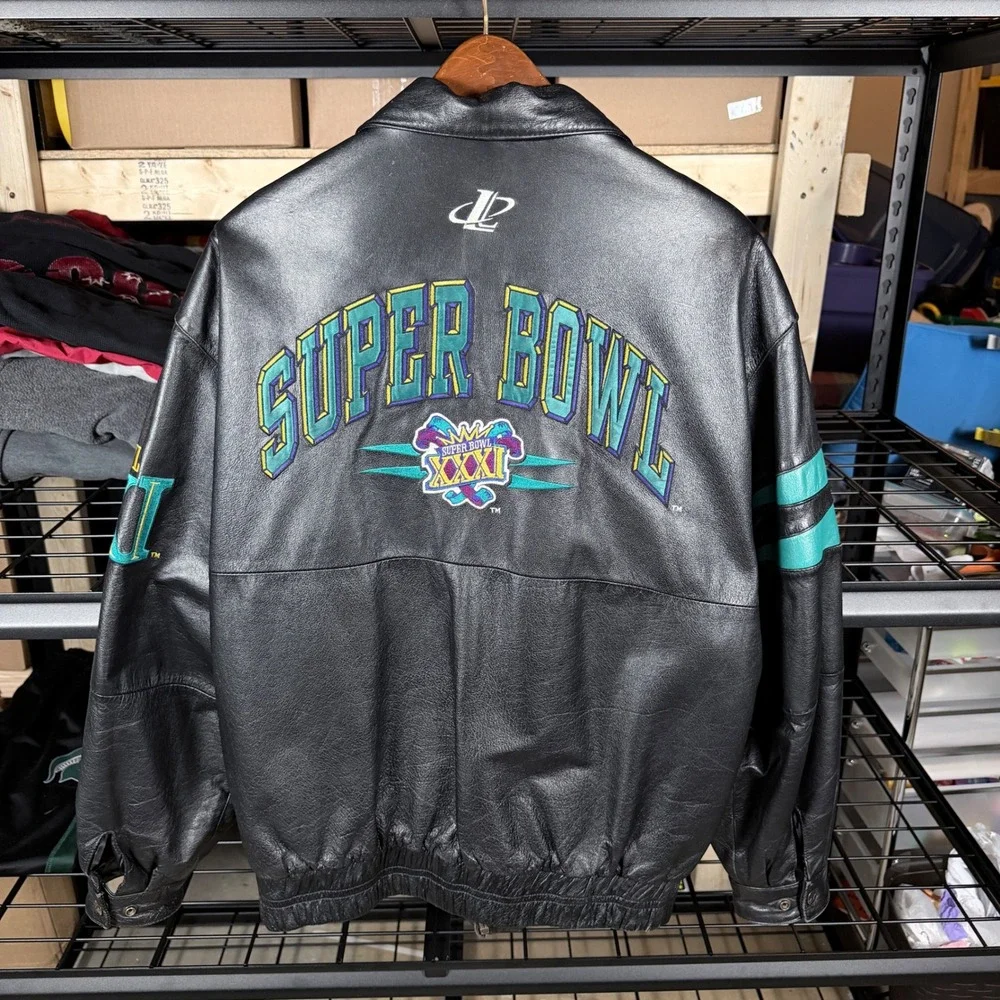 Vintage NFL Super Bowl XXXI Leather Jacket Logo Athletic Men's L Black Teal - Picture 3 of 7